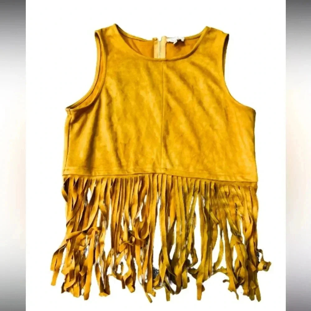 Love J festival ready golden yellow‎ faux suede fringe sleeveless top
